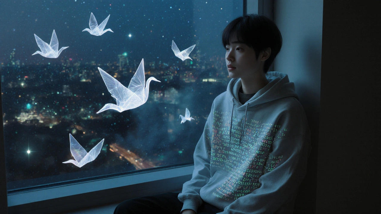 A patient sits by a window, surrounded by floating drug molecules shaped like origami cranes, genetic code glowing on their hoodie.