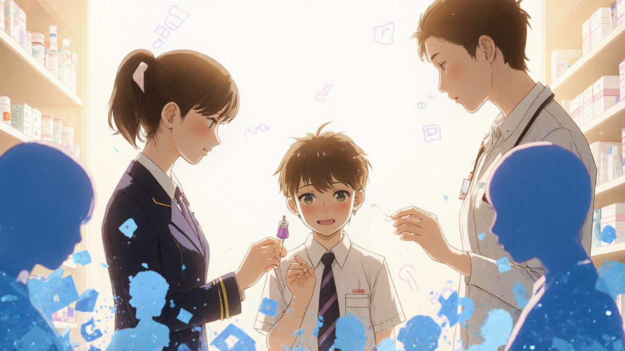 A professional interpreter guides a child to correctly use a medicine dropper, with trust in their expressions.