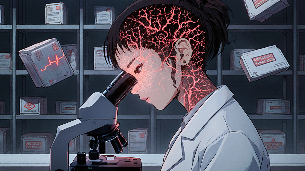 A scientist examining a contaminated API under a microscope, its molecular structure glowing with toxic veins in a high-tech lab.