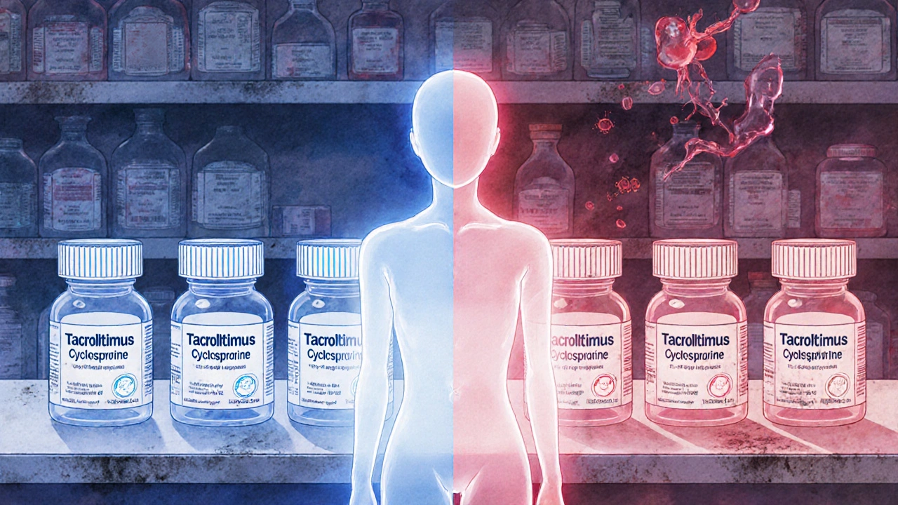 A silhouette between generic drug bottles, half glowing blue and half red, with T-cells attacking a transplanted organ.