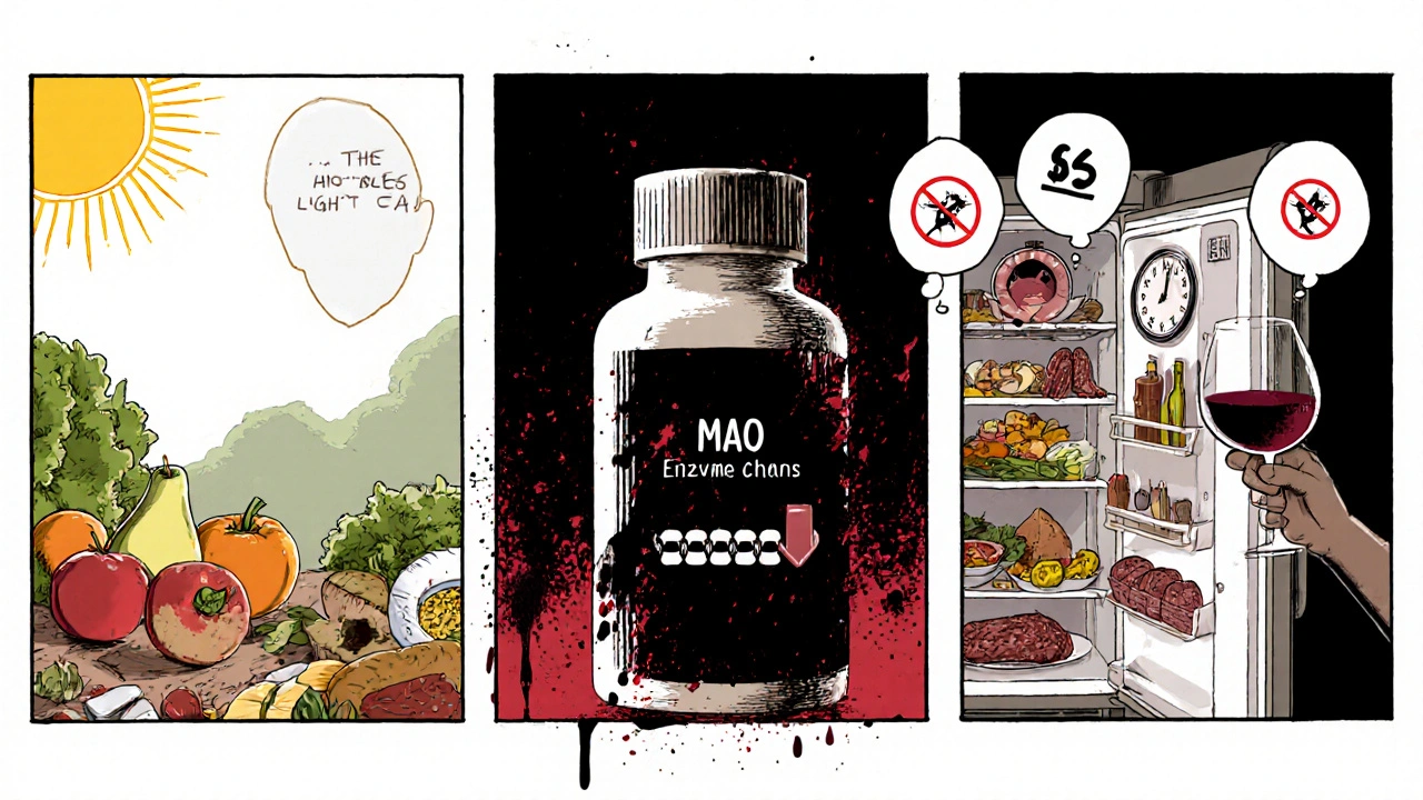 A symbolic timeline showing safe food, a snapping MAO chain, and a 14-day countdown over a fridge with forbidden items.