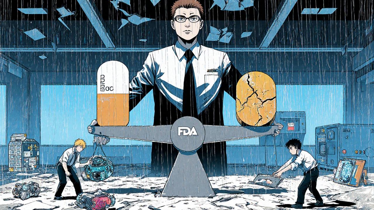 An FDA inspector&#039;s shadow balancing a brand-name pill against a cracked generic.