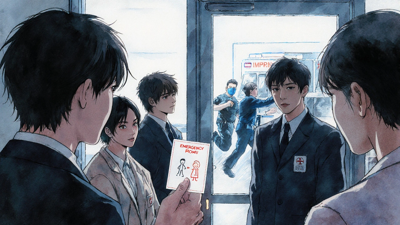 Bystanders stand outside an ER, holding an overdose recognition card as paramedics rush a patient inside.