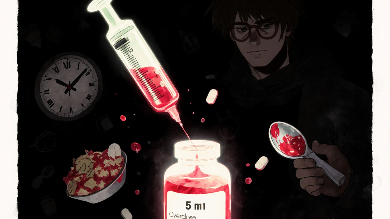 Child&#039;s medicine bottle with glowing syringe beside dangerous kitchen spoon, pictograms floating nearby.