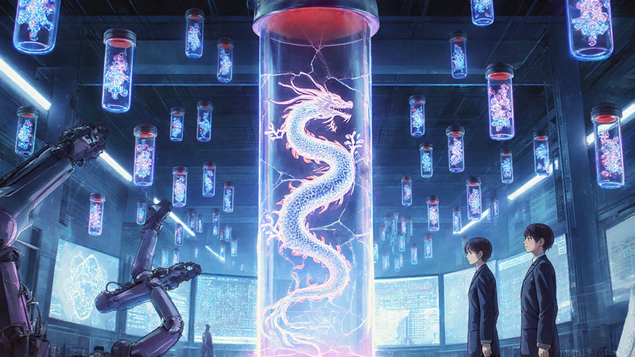 Chinese biotech lab with floating biologics and robotic arms in cold blue and crimson light