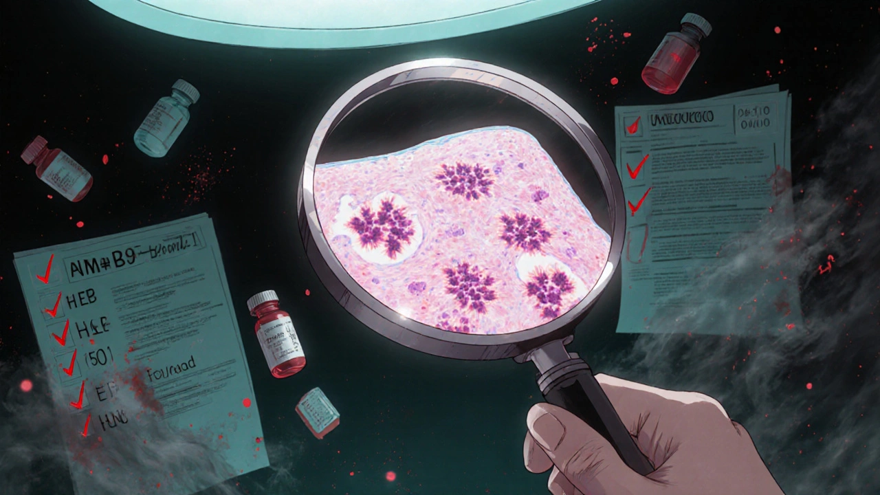 Dermatologist examining a glowing skin biopsy with floating drug capsules in dark void.