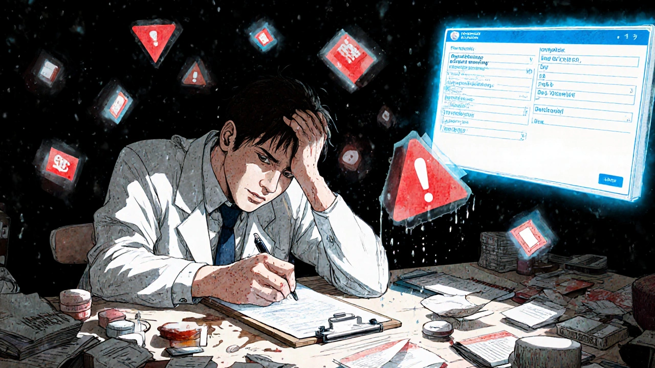 Doctor&#039;s handwritten prescription dissolving into digital warnings as a clean e-prescription floats beside them.