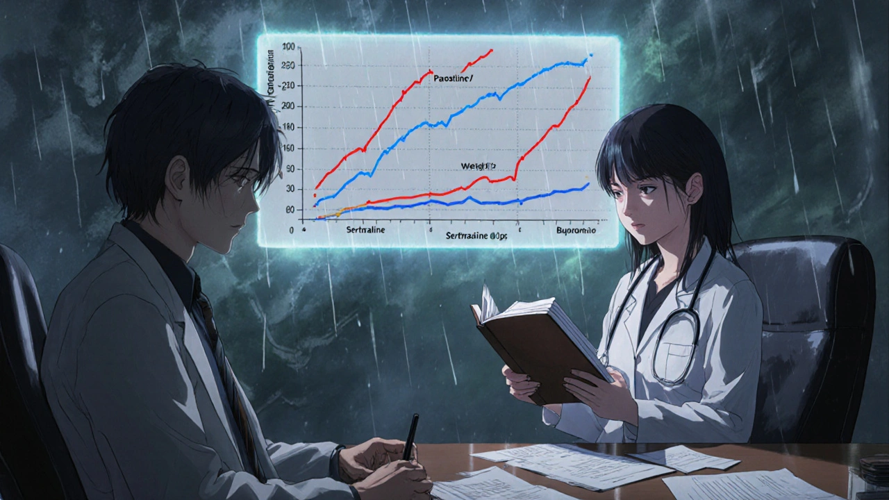 Doctor and patient in consultation, weight chart glowing behind them, rain on window