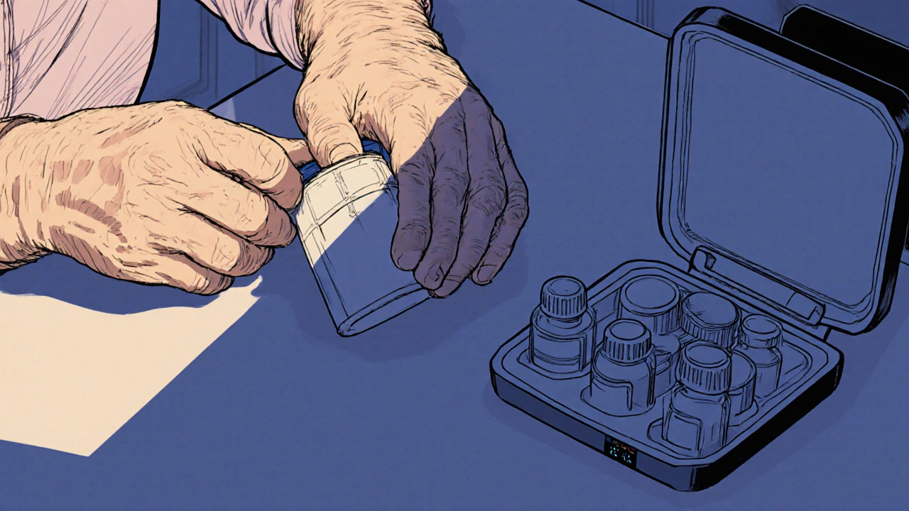 Elderly hand struggling with a pill bottle beside a digital lockbox on a kitchen counter.