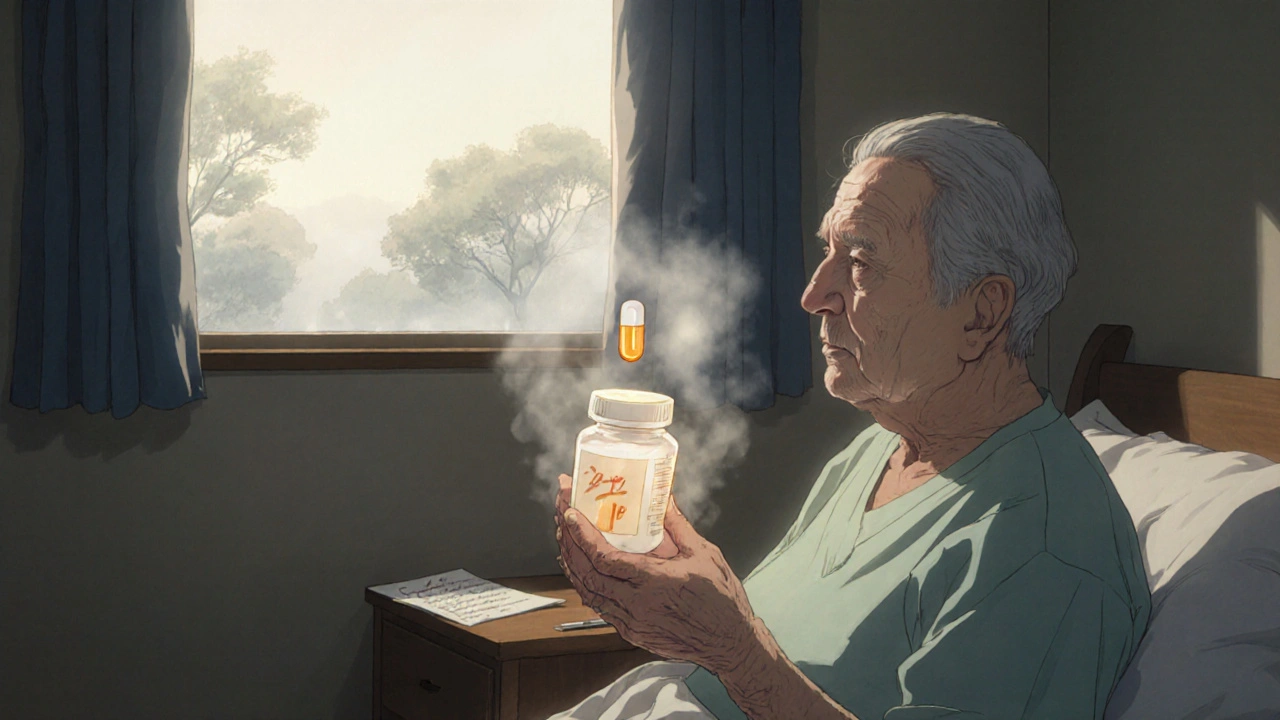 Elderly patient holding a new pill as their old medication dissolves into mist in a quiet care room.