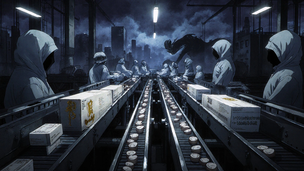 Factory conveyor belt splitting into branded and generic pill paths, workers in shadows watching silently.