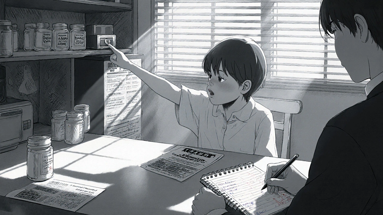 Family at table with child pointing to a locked medication box and a handwritten pill log.