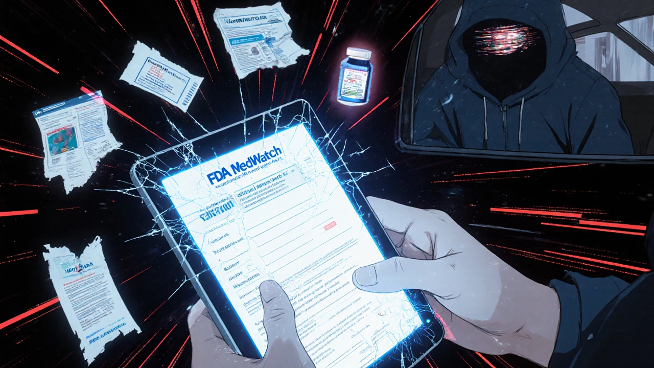 Hand submitting a counterfeit drug report on a tablet, with floating images of fake pills and websites.