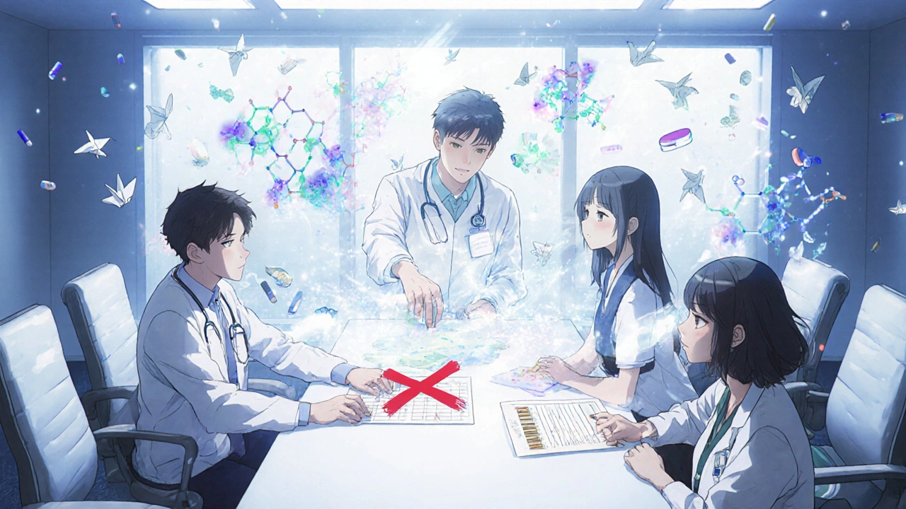 Healthcare team reviewing drug data with floating clinical analytics during a committee meeting.