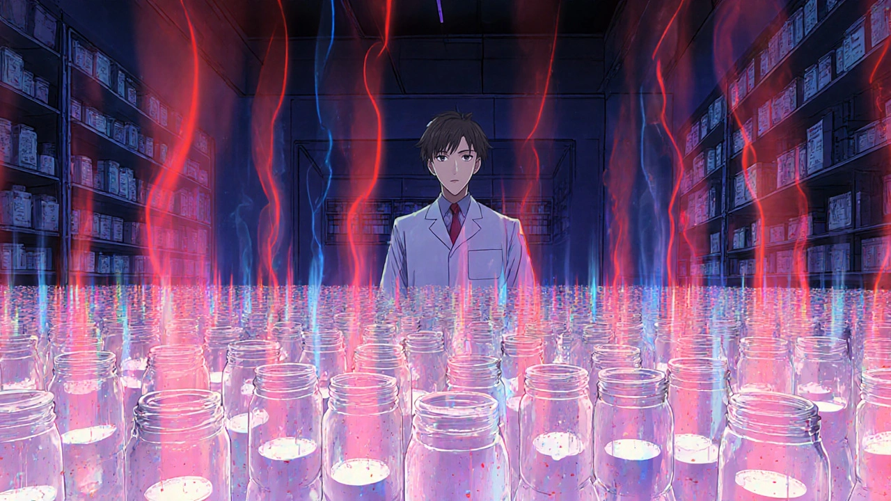 Hundreds of pill bottles in a glowing stability chamber emitting data trails.