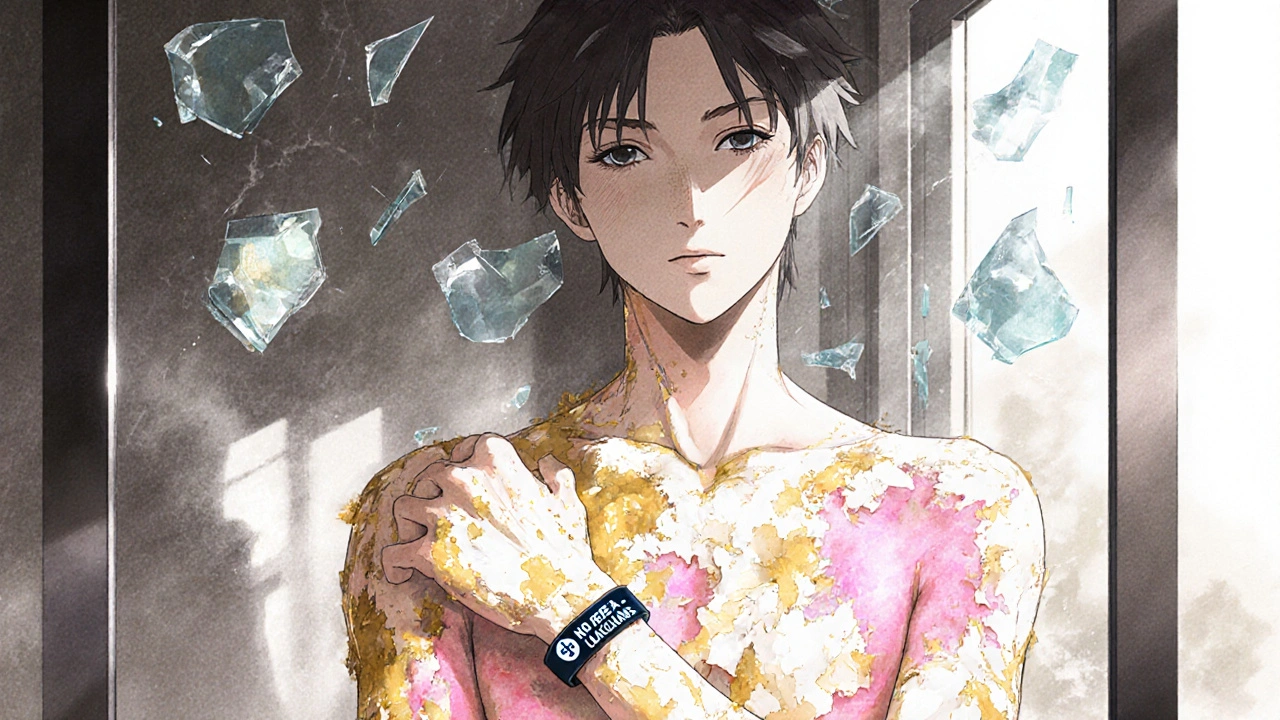 Patient watching peeling skin reveal new flesh, medical bracelet visible, drugs shattering behind.