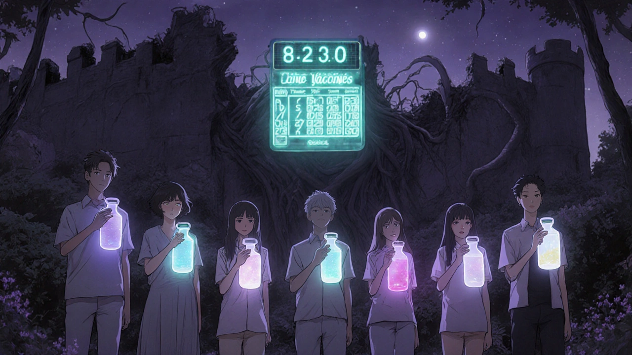 Patients in a moonlit garden holding glowing vaccines, with a crumbling B-cell fortress behind them.