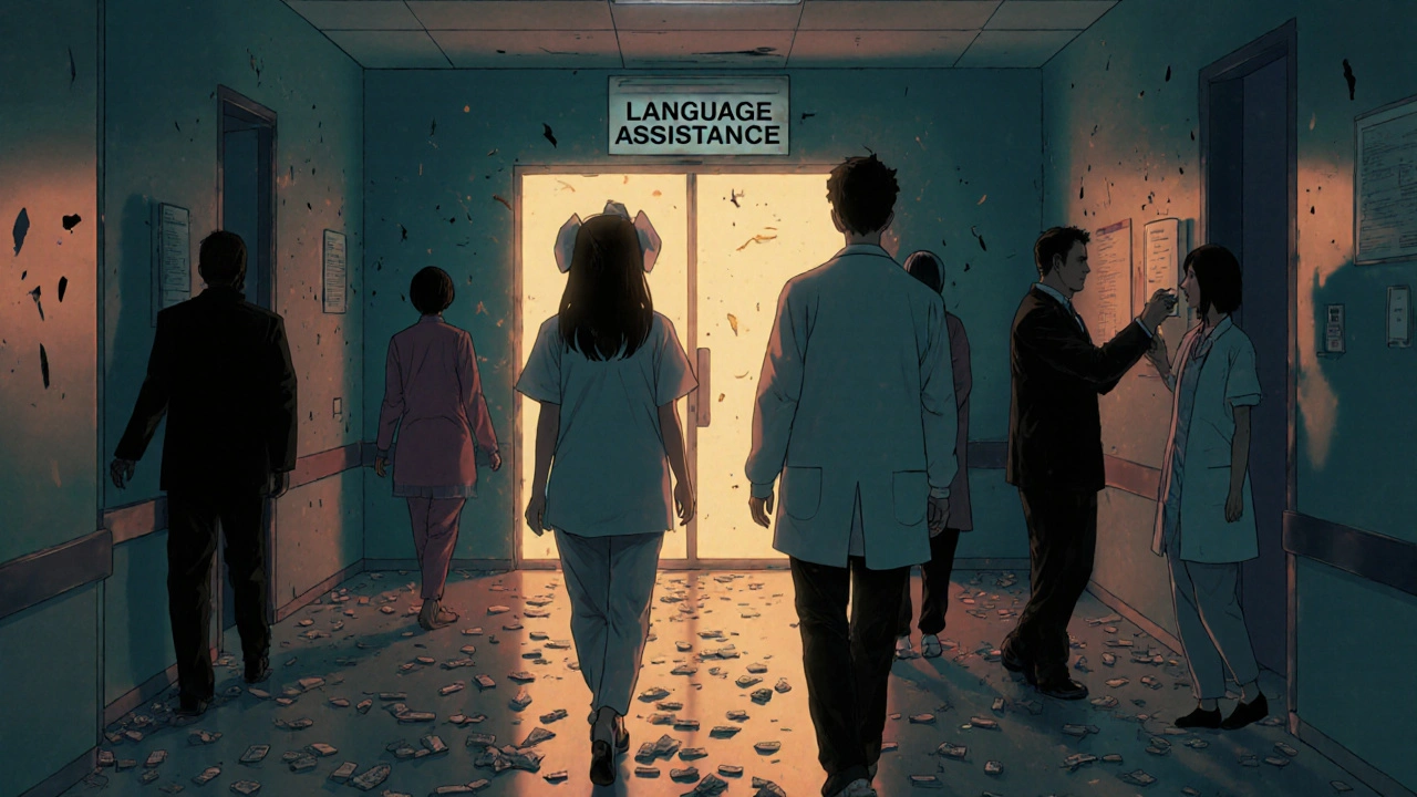 Patients walk toward a lighted language assistance door, leaving behind discarded medication errors in a dark hallway.