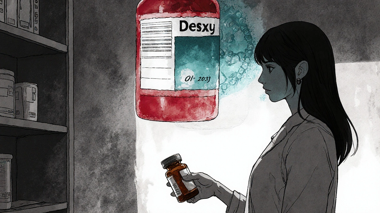 Pharmacist handing a plain pill bottle to a patient, with a ghostly brand-name image fading behind them.