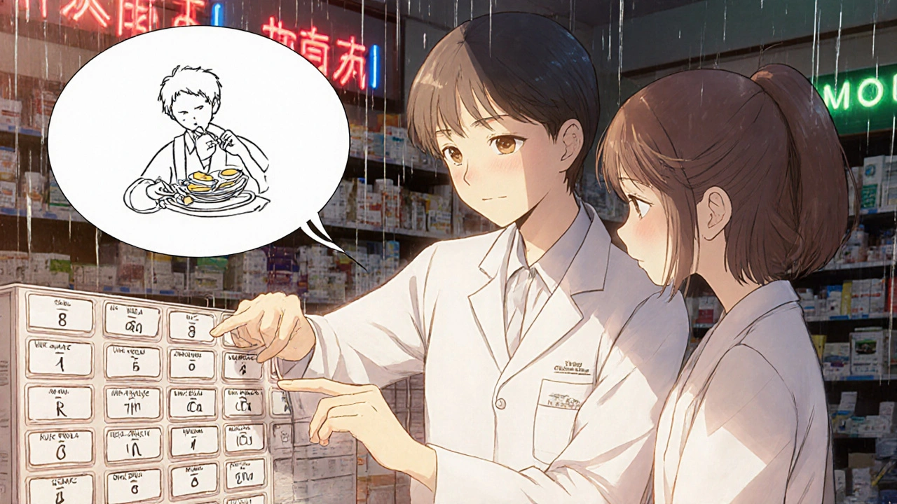 Pharmacist showing mother a labeled pill organizer with clear pictograms and morning/evening times.