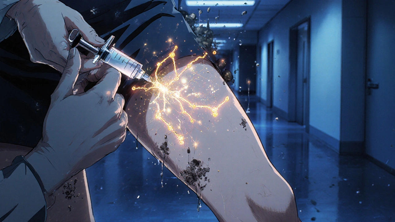 Someone injecting insulin, with glowing drug molecules entering the bloodstream and lumps under the skin.