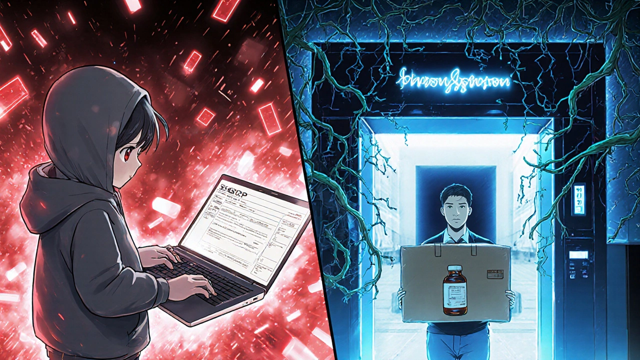 Split scene: a stressed researcher vs. a fast-tracked corporate shipment, with AI and blockchain vines twisting above a patient holding a pill.