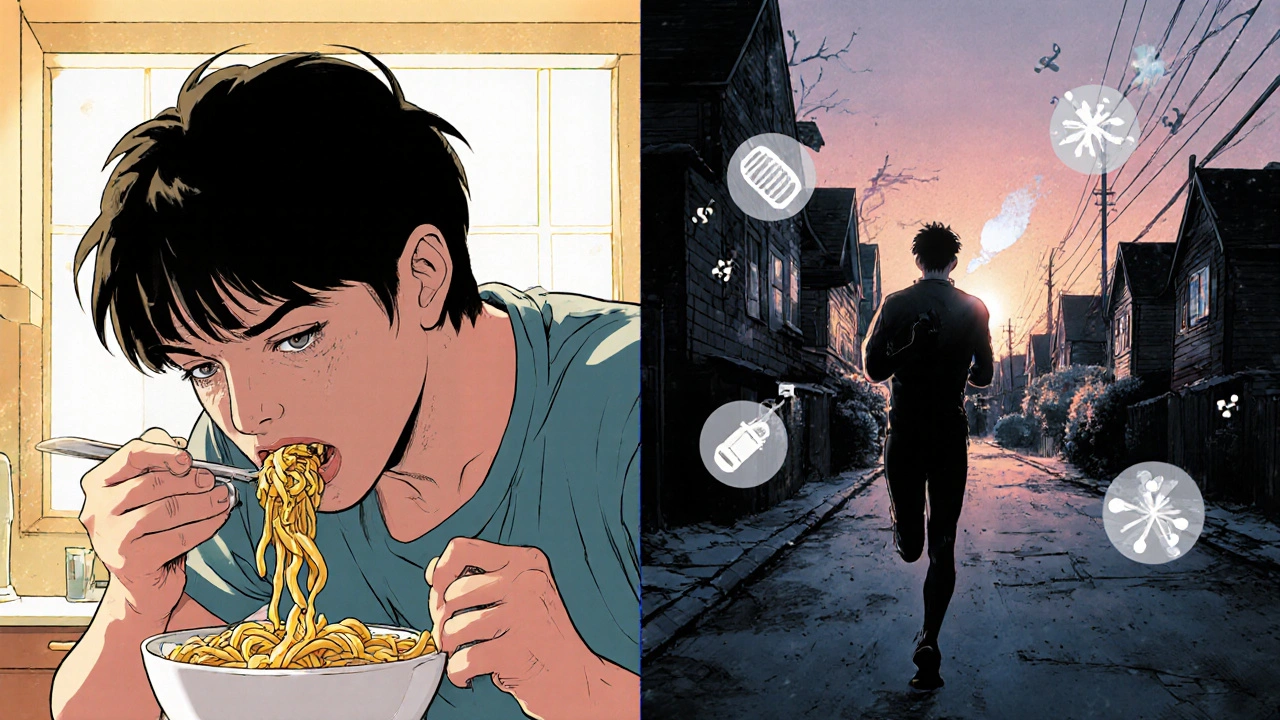 Split scene: person eating pasta and jogging at dawn, carb and serotonin icons floating