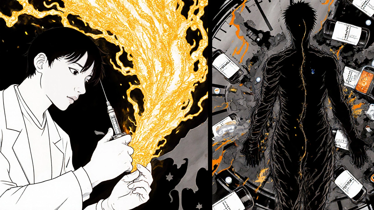 Split scene showing immune response versus suppression from medication, with a melting clock and pill bottles in background.