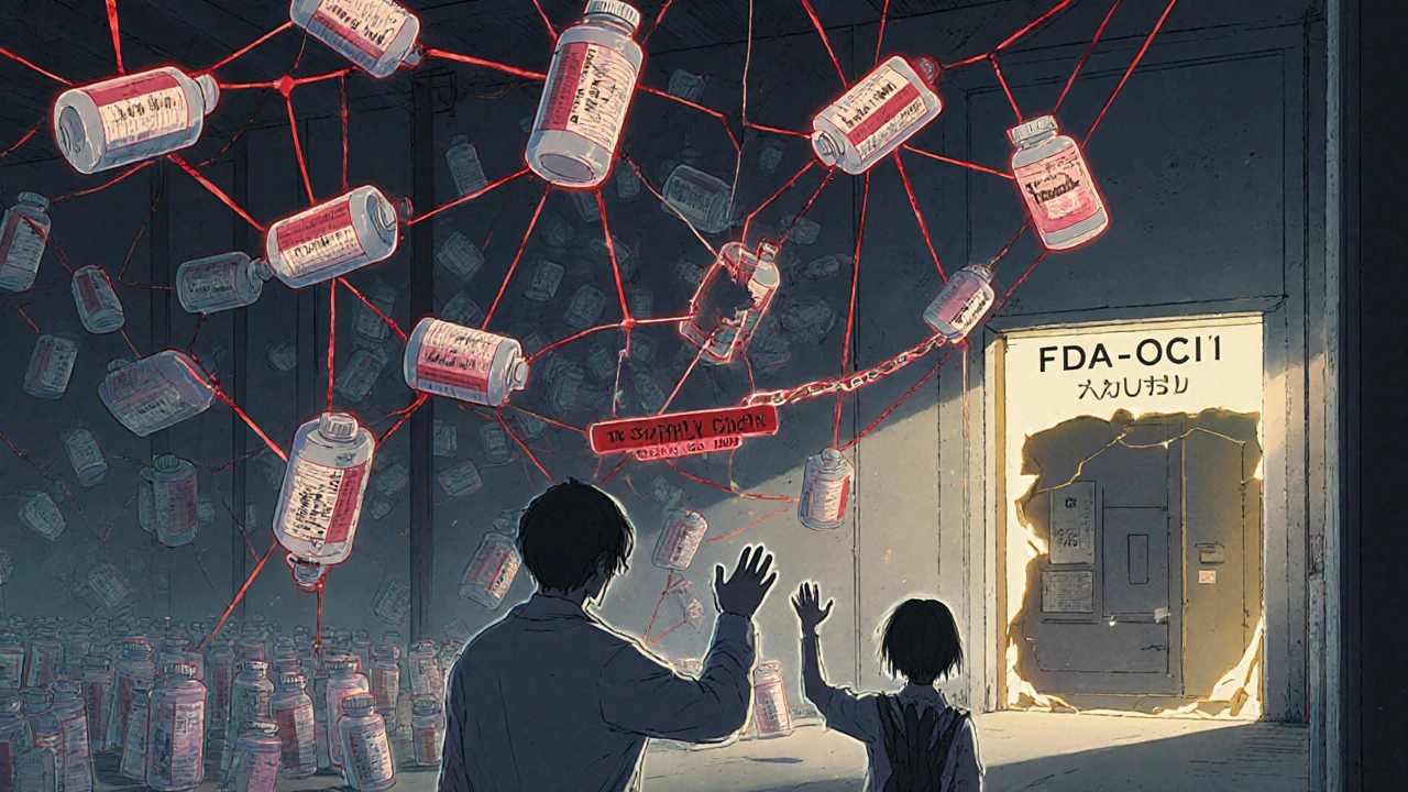 Thousands of floating counterfeit medicine bottles connected by red threads, with a pharmacist and patient standing below.