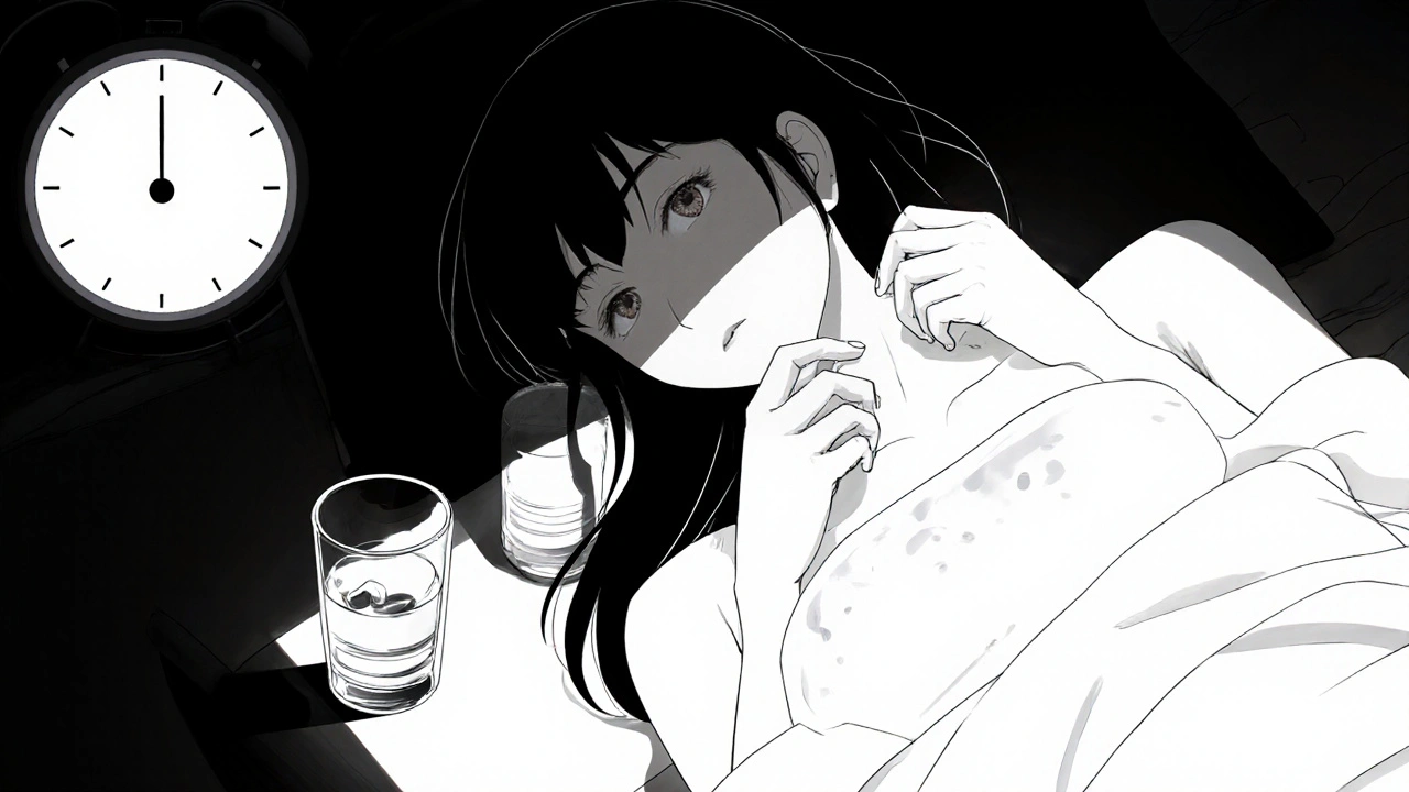 Two hands count slow breaths of an unresponsive person, a pill bottle beside them on the nightstand.