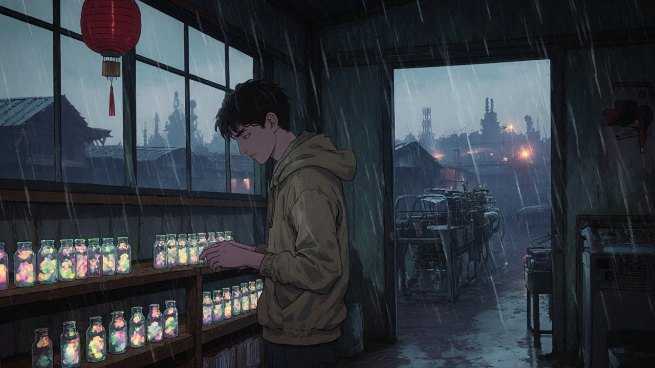 Vietnamese warehouse with glowing antibiotic vials and Cambodian medical devices in quiet rain