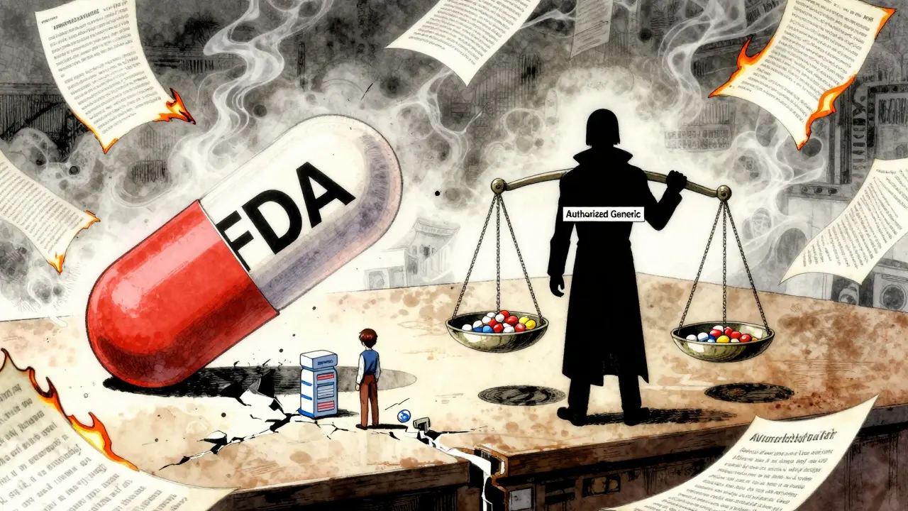 A giant branded pill looms over a small generic maker, with an authorized generic figure balancing patient health and corporate profit.