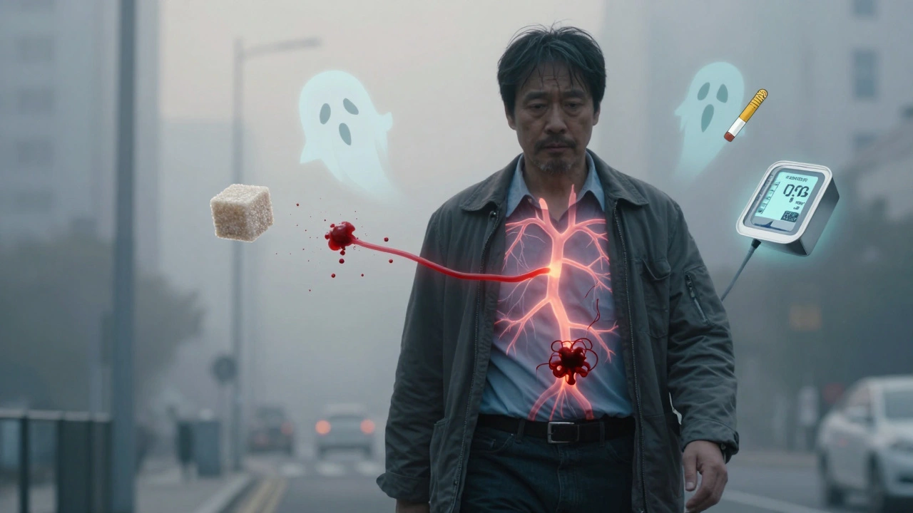 A man with translucent chest revealing blocked arteries, haunted by floating risk factor symbols.