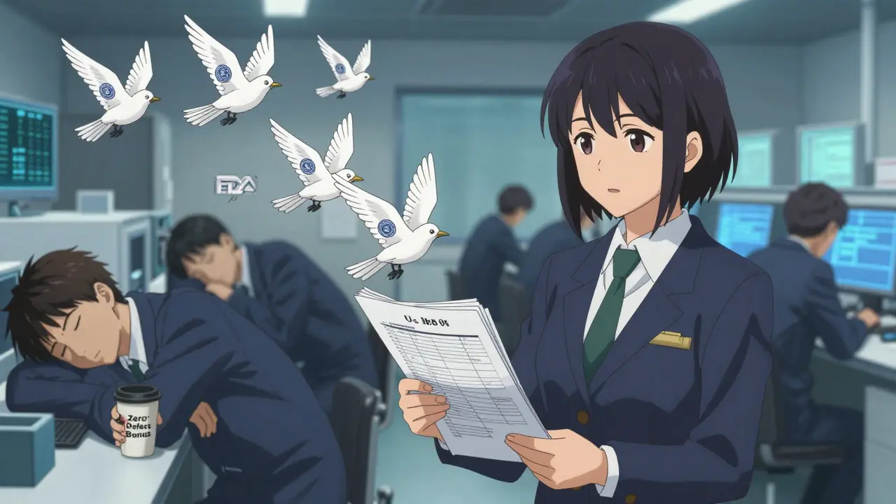 A manager watches paper logs turn into birds made of regulatory forms, while exhausted workers sleep nearby under AI terminals.