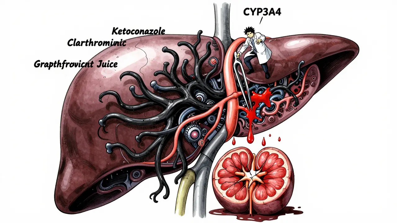 A mechanical liver choked by toxic fungal growths representing drug interactions, with blood dripping into a damaged kidney.