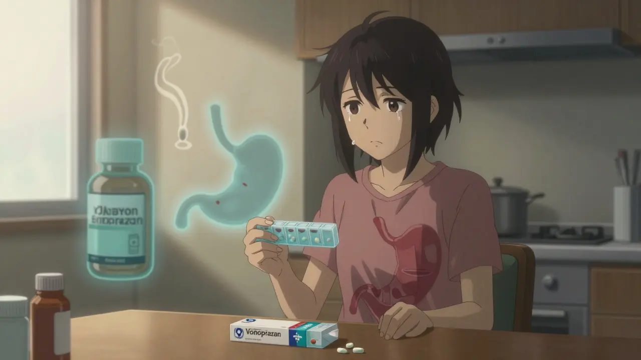 A patient holding treatment pills as their shadow transforms into a healed stomach, with fading vices in the background.