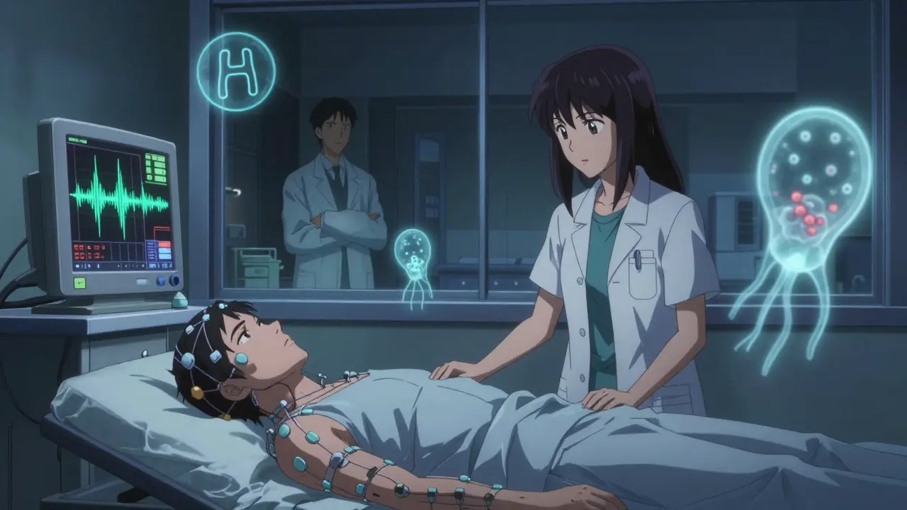 A patient in a sleep lab with electrodes attached, neural pathways glowing as neurodegenerative symbols hover nearby.