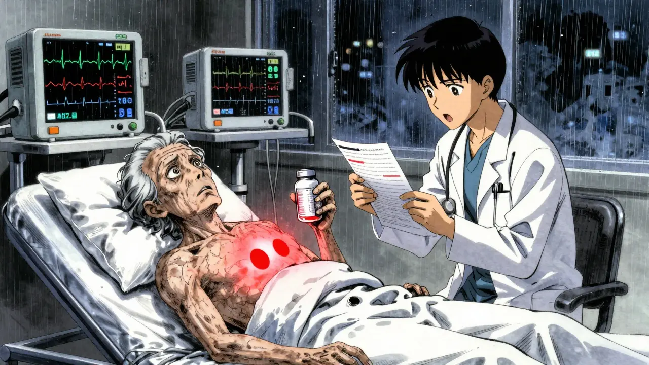 A patient in an ER with erratic heart monitor lines, clutching a salt substitute jar as doctors react in shock.