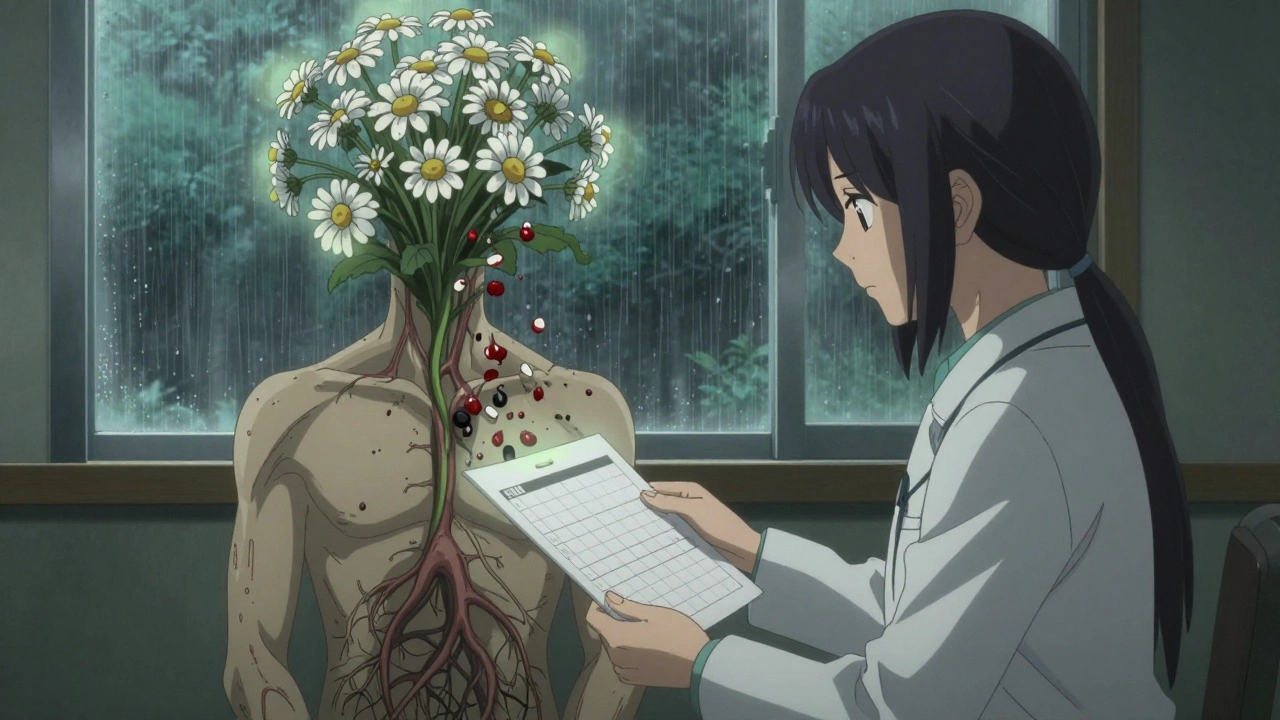 A patient receiving a tapering plan as a feverfew plant’s roots unravel from their bloodstream.