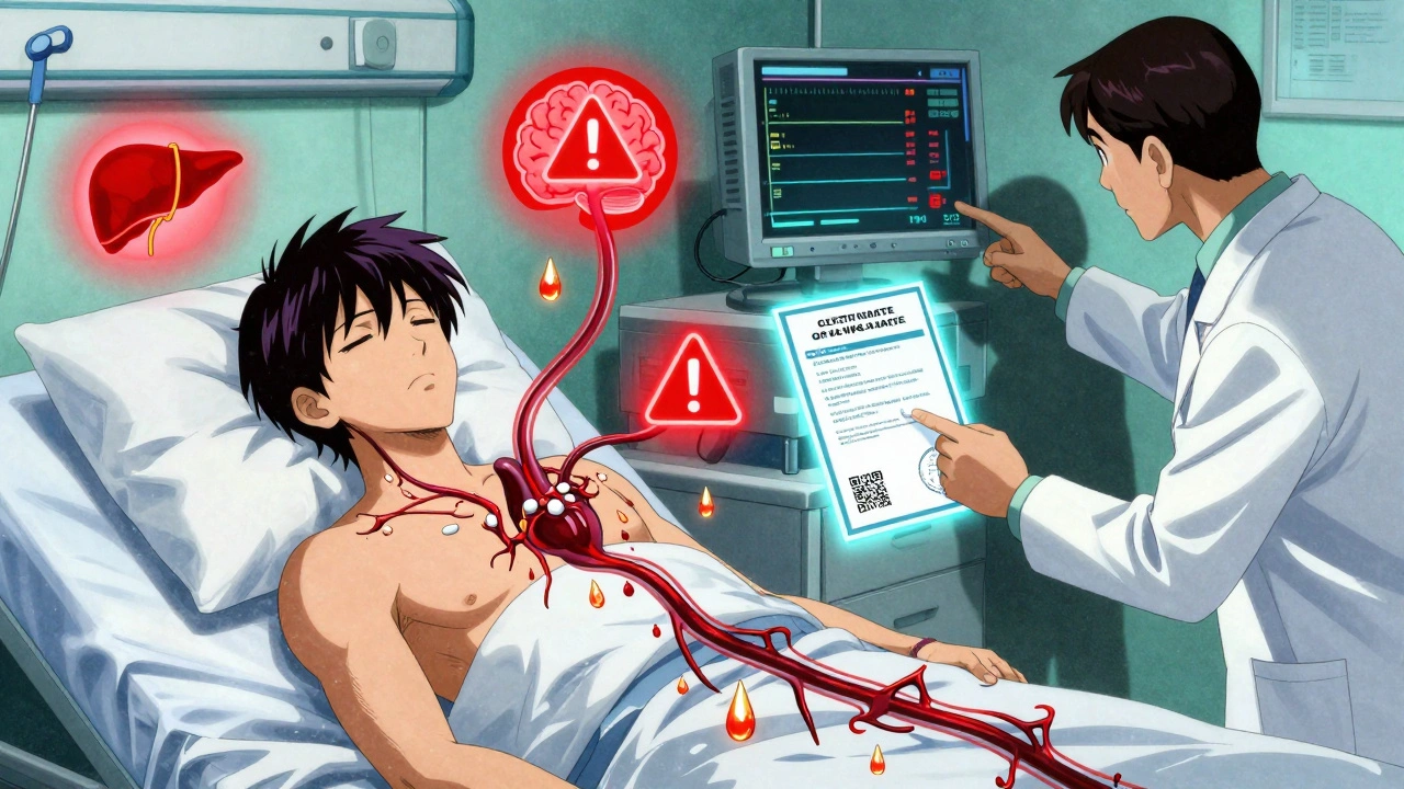 A patient surrounded by floating pills and CBD droplets, with a pharmacist holding a safety certificate and medical monitors showing warning levels.