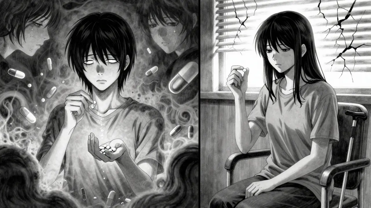 A person in withdrawal on one side, recovering calmly on the other, with pills and therapy symbols.