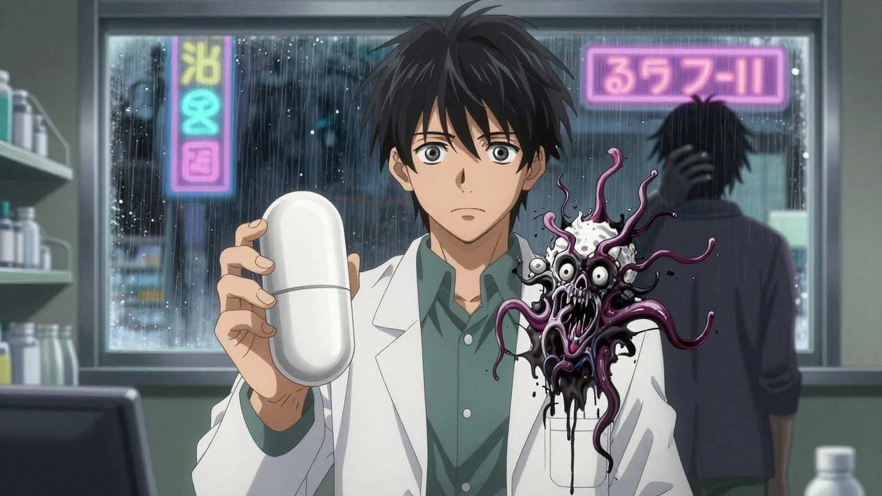 A pharmacist holding two pills, one normal, the other sprouting toxic excipient tendrils.