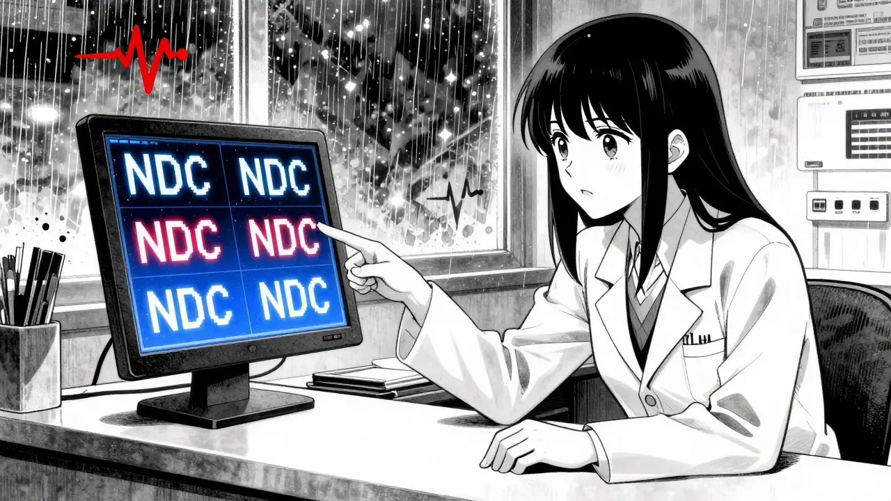 A pharmacist shows a patient matching NDC codes on a screen, rain outside, glowing data streams in their eyes.