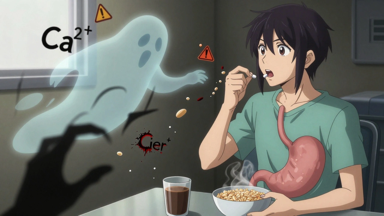 A pill being snatched by food particles as it’s swallowed, with ghostly warnings floating above a stomach in dim hospital light.