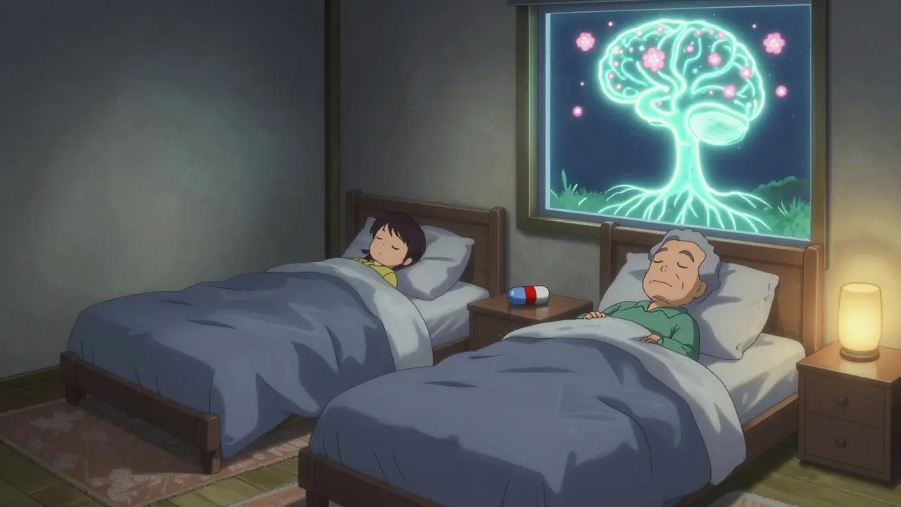 A safe, peaceful bedroom with padded furniture and separate beds, a glowing melatonin capsule on the nightstand.