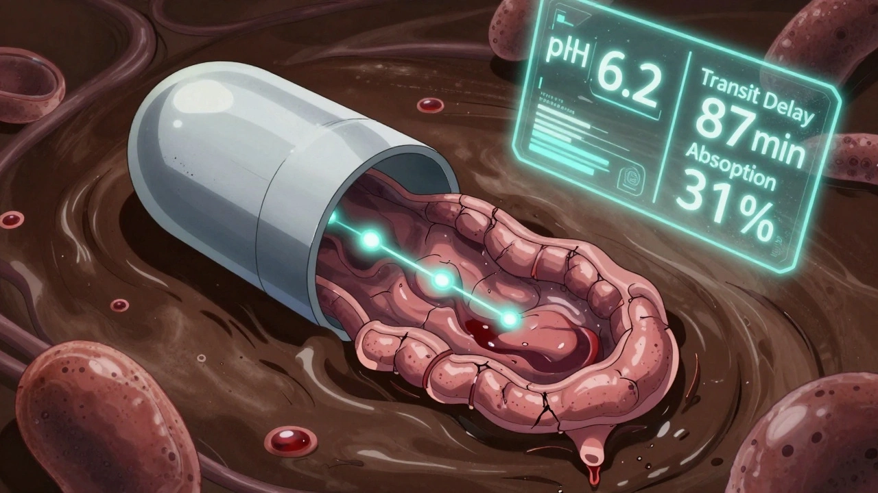 A sensor-equipped capsule traveling through a diseased gut, glowing data readouts flickering amid thick mucus and inflamed tissue.