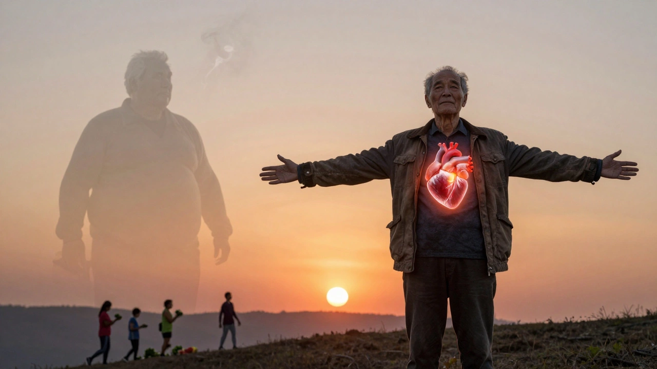 An elderly man at sunset with a restored heart, past unhealthy selves dissolving into ash.