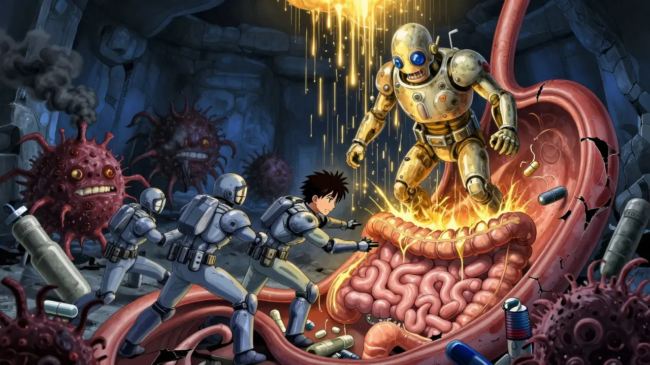 Antibiotic soldiers battling H. pylori monsters inside the digestive tract while a PPI rains healing mist.