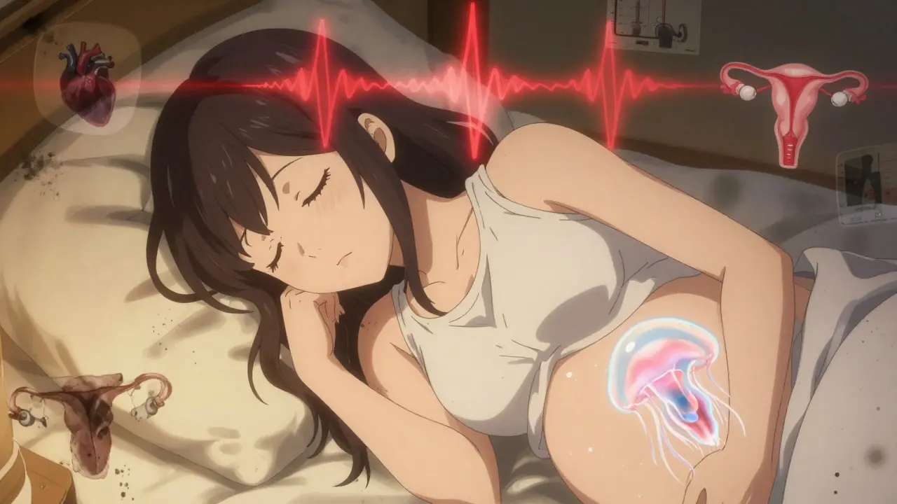 Close-up of pregnant woman’s face with floating breathing waveform and stomach acid bubbles, lit by warm light in ink-wash anime style.