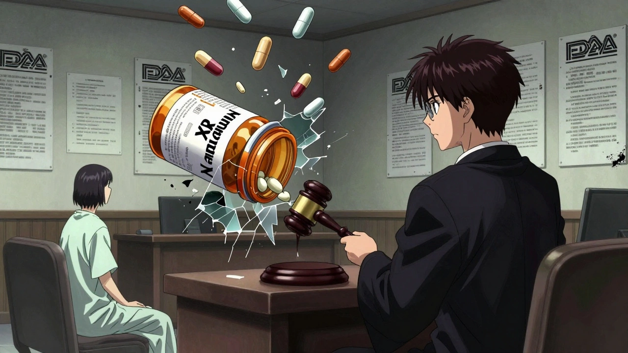 Courtroom scene with giant pill bottle shattered as generic pills fall, patient watches in shadow